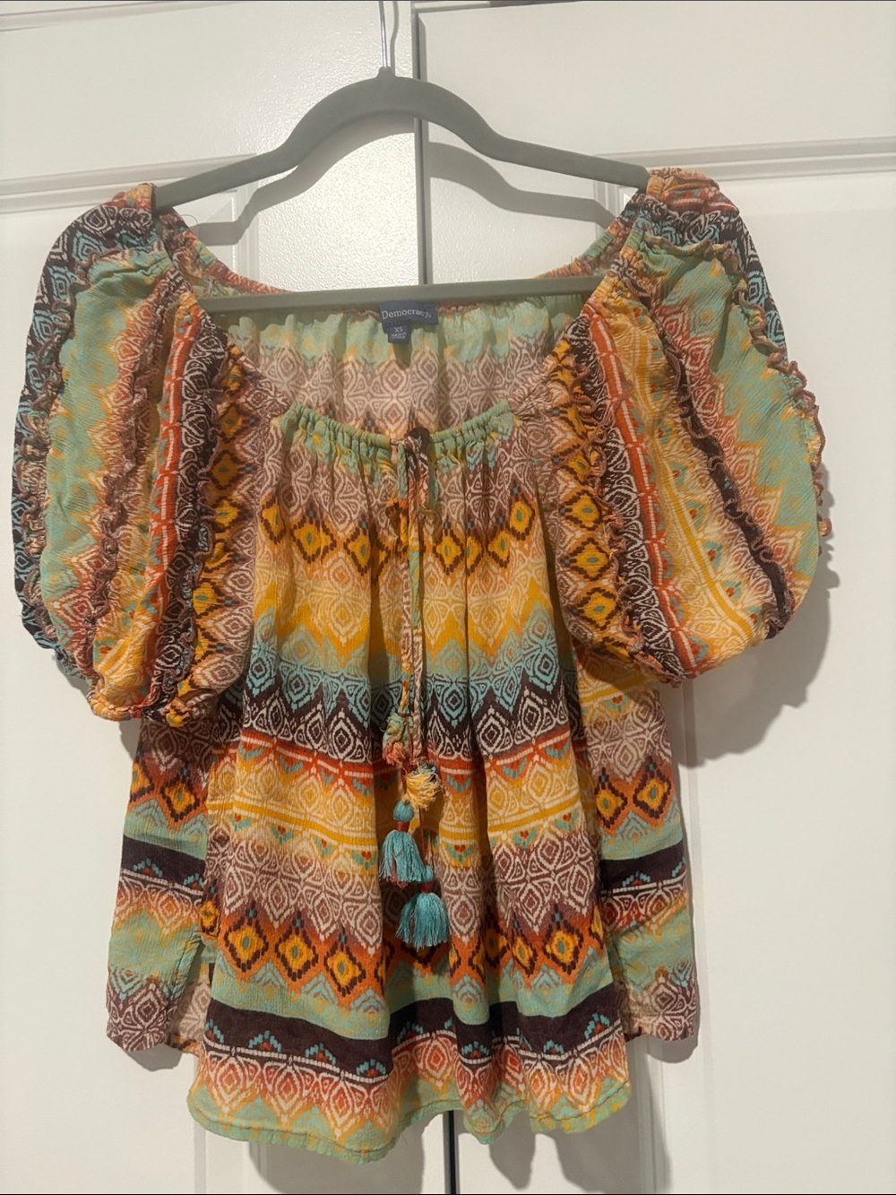 Vintage Democracy Multicolor Off-Shoulder Peasant Top with Tassels